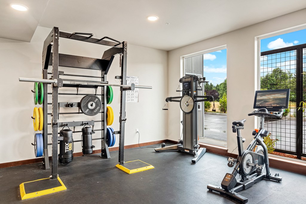 a home gym with exercise equipment and a window with a view of the outdoors