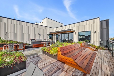 a communal deck with wooden benches and a building in the background
