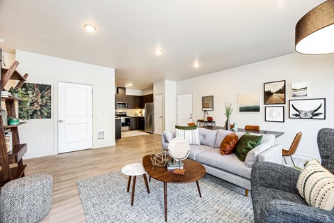 a living room with a couch and a table