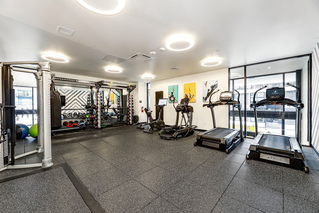a gym with weights and cardio equipment and glass doors