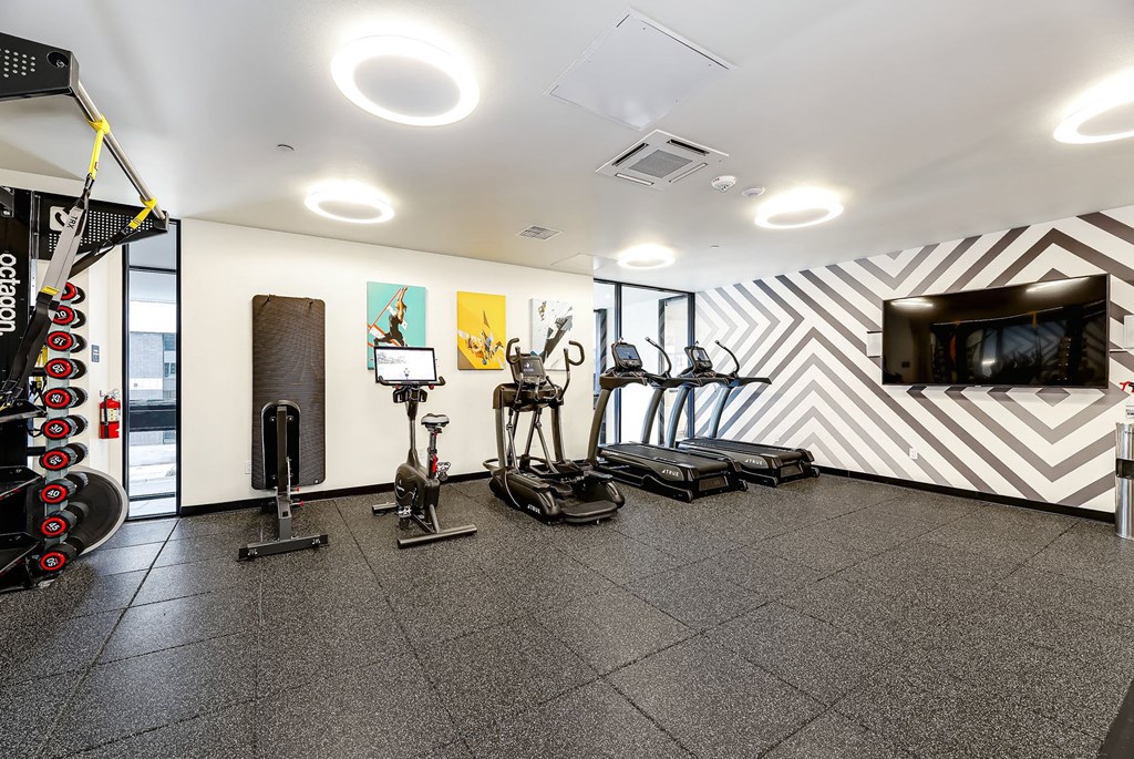 a home gym with weights and a tv on the wall