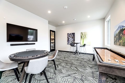 a game room with a pool table and a television
