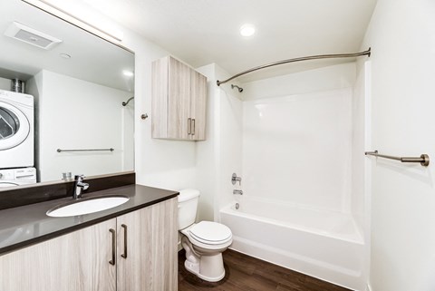a bathroom with a toilet sink and shower and a washing machine