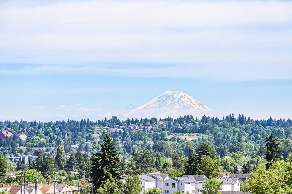 a view of a mountain over a city with trees and houses