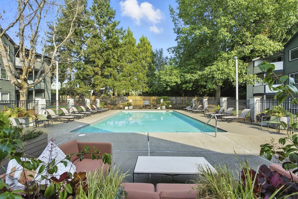 A pool surrounded by trees and chairs.