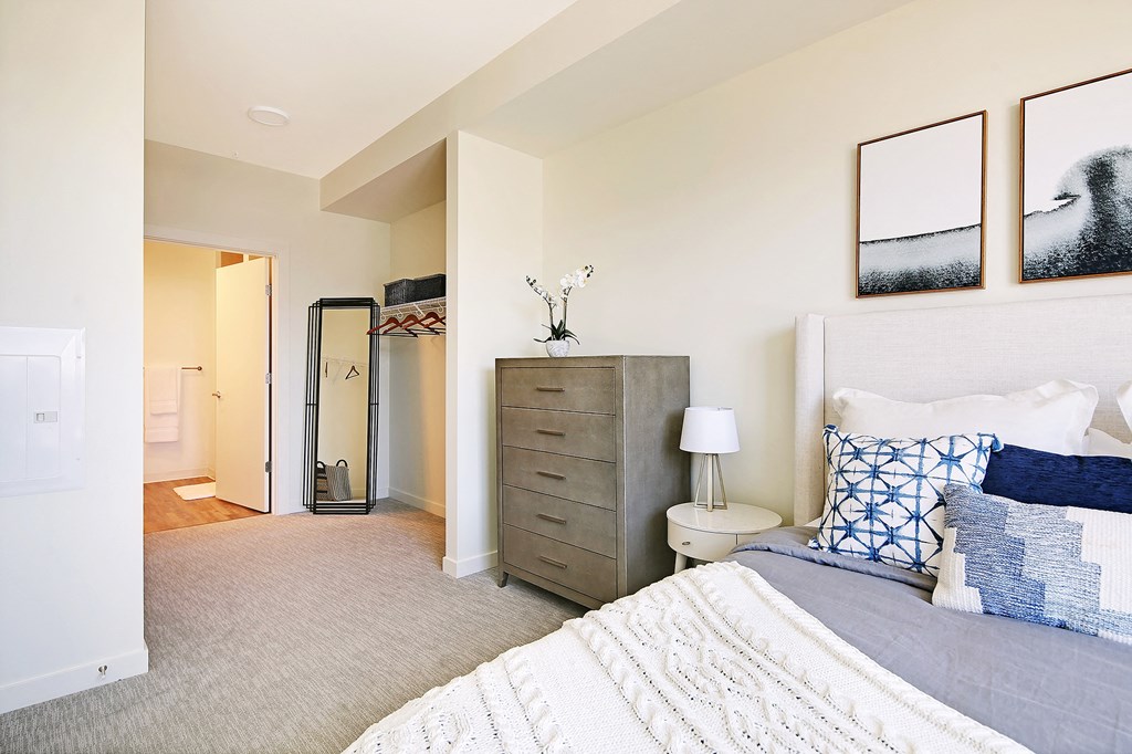 a bedroom with a bed and a dresser