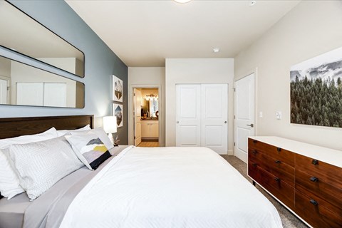 a bedroom with a bed and a dresser and a bathroom