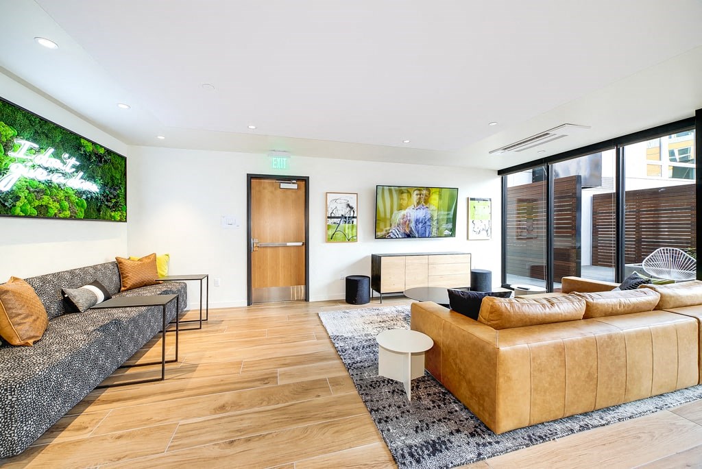 a living room with a couch and a table