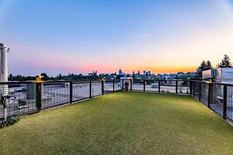 the view of the city at sunset from the balcony of a condo with a lawn