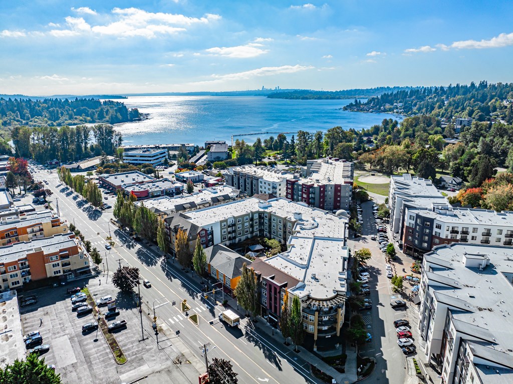 an aerial view of a city with a lake in the background
