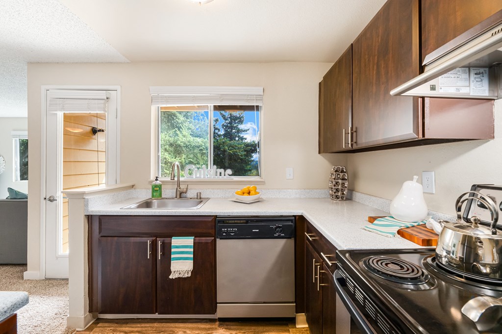 a kitchen with a sink and a stove and a window