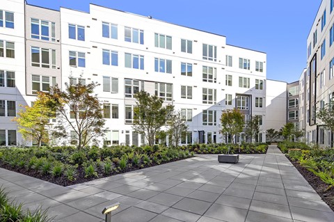 A modern building with a courtyard in front.