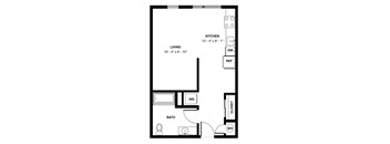 A floor plan of a small apartment with a kitchen, living room, bathroom, and closet.