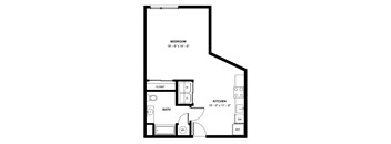 A floor plan of a bedroom, bathroom, and kitchen with dimensions.