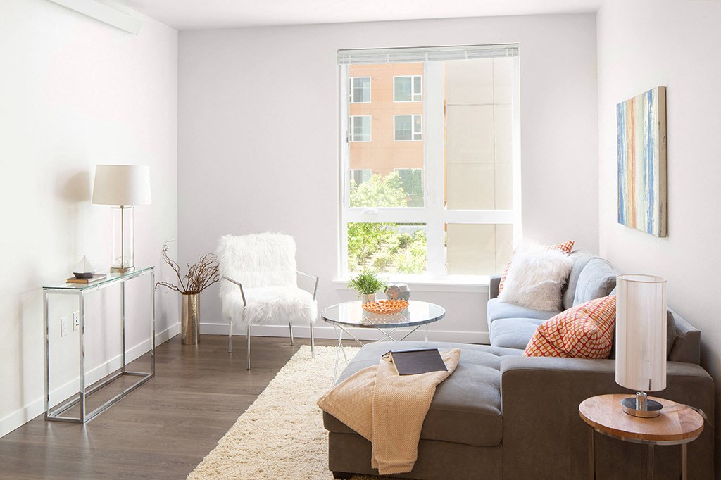 a living room with white walls and a gray couch
