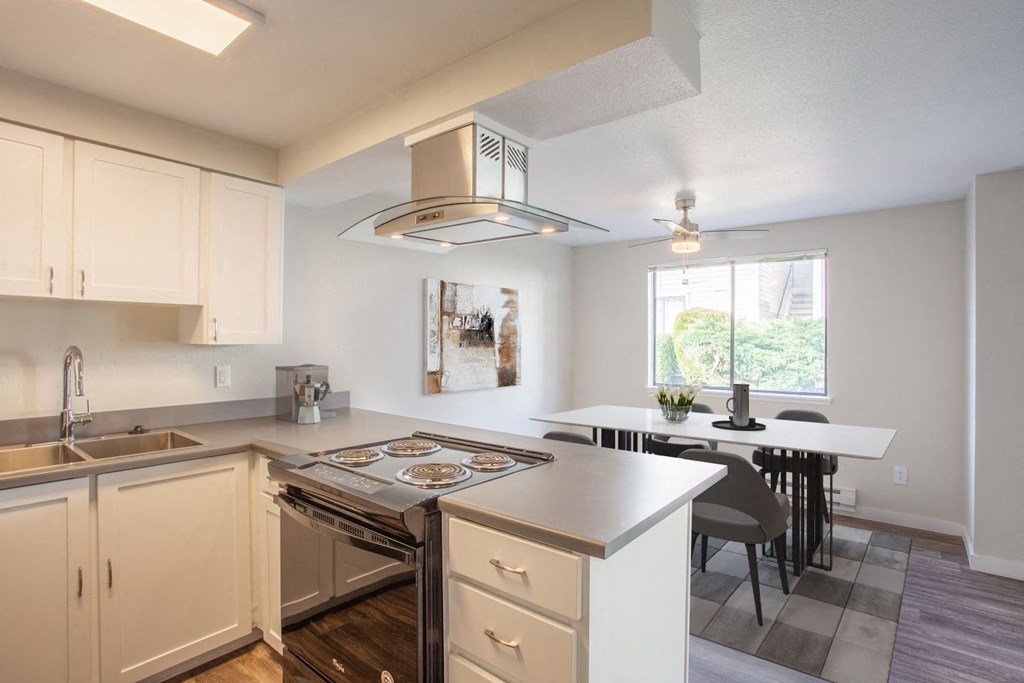 a kitchen with a stove and a sink and a window