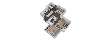 A 3D floor plan of a house with a living room, kitchen, dining room, and bedrooms.
