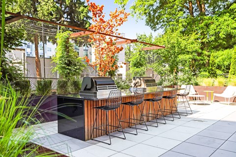 a long bar with chairs and a grill in a backyard