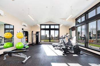 A gym with a variety of equipment including treadmills, weights, and exercise balls.