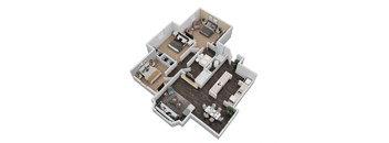A 3D floor plan of a house with multiple rooms.