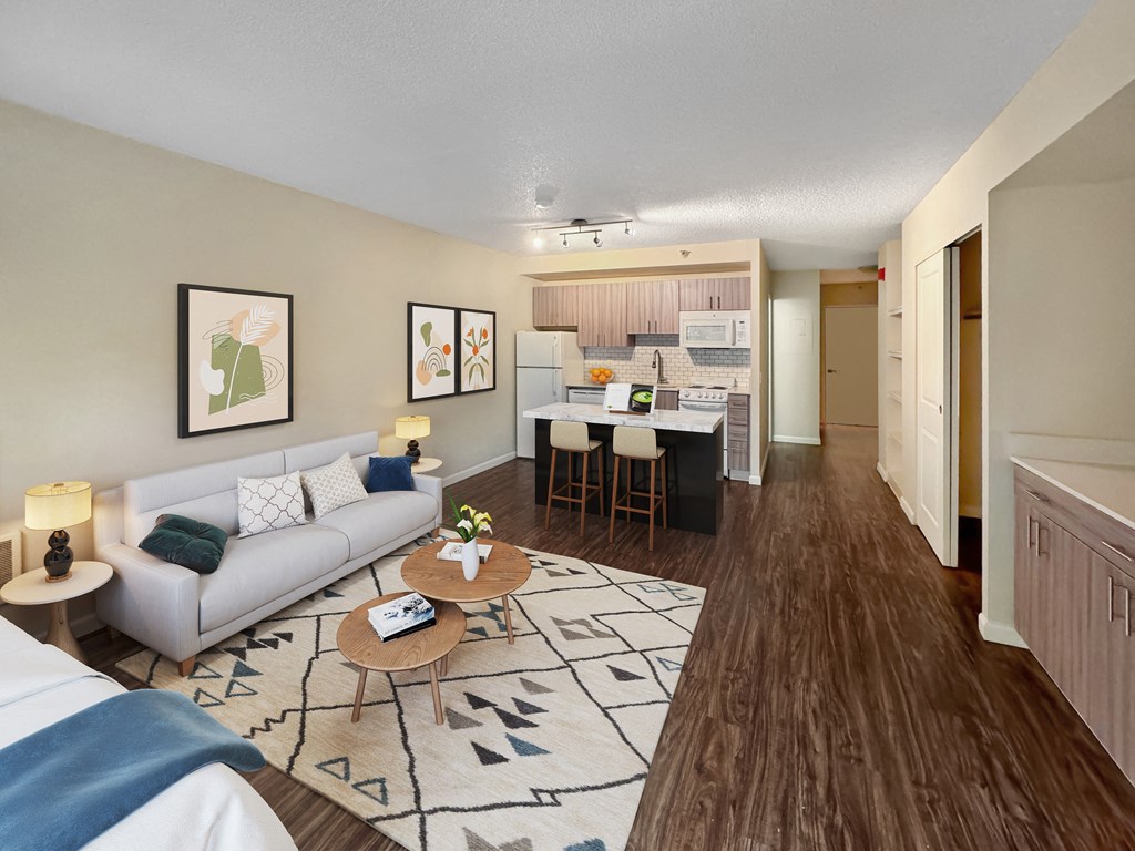 a living room and kitchen with a couch and a table