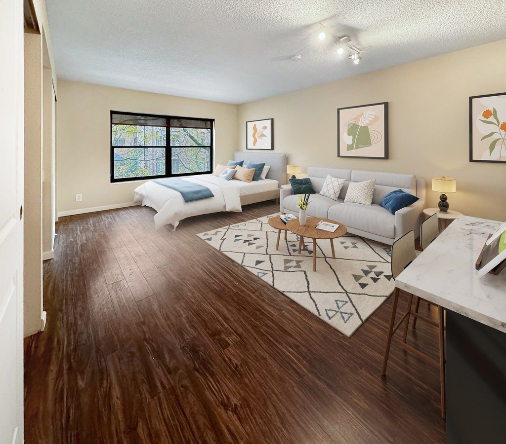 the living room and bedroom of a studio apartment with a couch and a bed