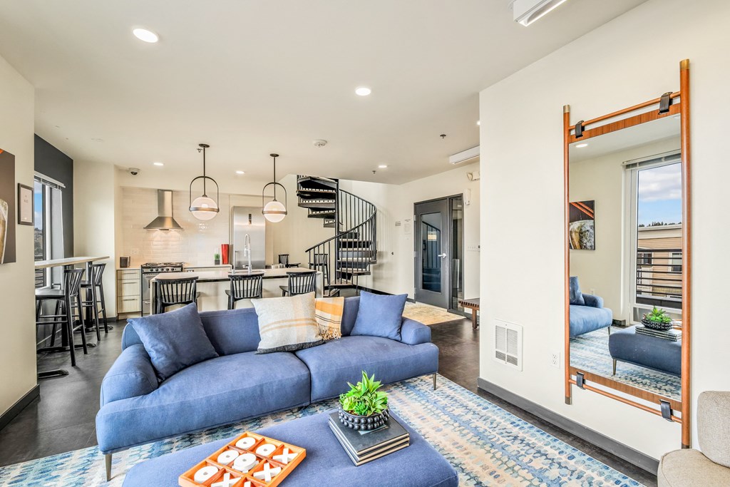 a living room with a blue couch and a blue rug
