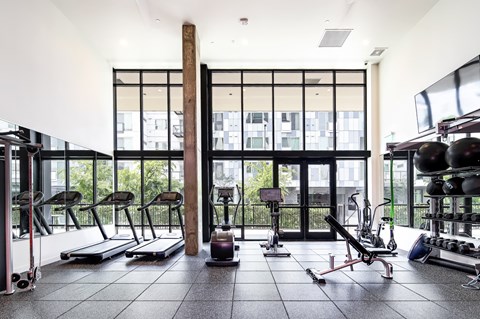 a gym with floor to ceiling windows and weights and exercise equipment