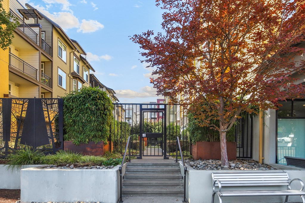 a pathway between two buildings with a tree and a gate