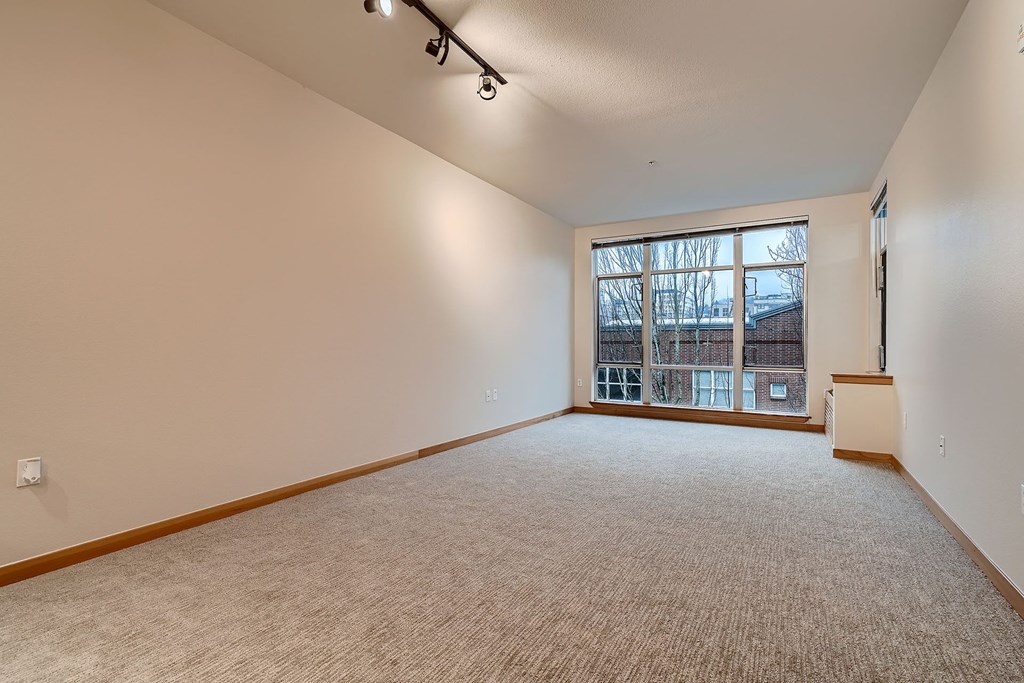 an empty living room with a large window and carpet