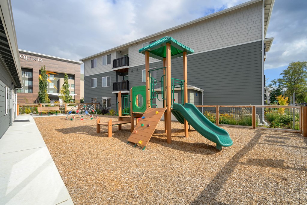 A playground with a green slide and a climbing frame.