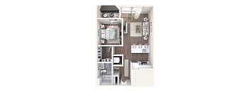 A top-down view of a small, neatly organized apartment with a bedroom, living room, and kitchen.