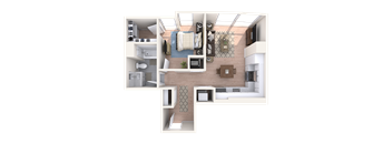 A 3D floor plan of a house with a kitchen, living room, and bathroom.
