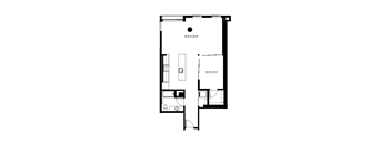 A floor plan of a house with a kitchen, living room, and two bedrooms.