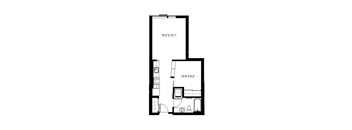 A floor plan of a small apartment with a bedroom, living room, and bathroom.