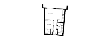 A floor plan of a room with dimensions and furniture layout.