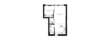 A black and white image of a floor plan for a small apartment.