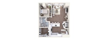 A top-down view of a small apartment with a bedroom, living room, and kitchen.