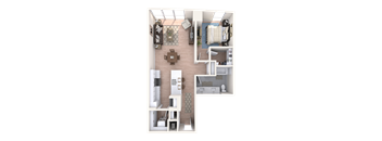 A top-down view of a small apartment with a kitchen, living room, and bedroom.