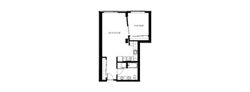 A black and white image of a floor plan for a small apartment.