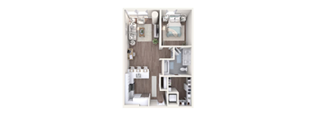 A 3D floor plan of a small apartment with a kitchen, living room, and bedroom.