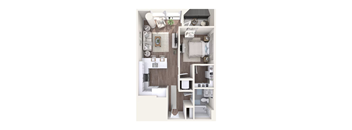 A top-down view of a small, modern apartment with a kitchen, living room, and bathroom.