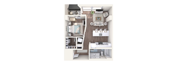 A 3D rendered image of a small apartment layout.