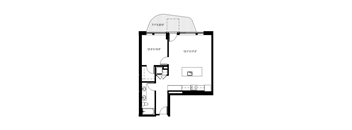 A black and white image of a floor plan for a small apartment.