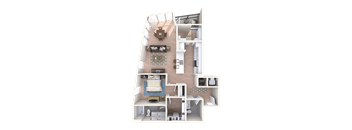 A 3D floor plan of a house with a kitchen, living room, dining room, and two bedrooms.