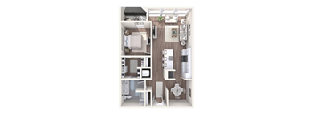 A top-down view of a small apartment with a kitchen, living room, and bathroom.