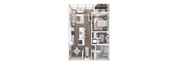 A top down view of a small apartment with a kitchen, living room, and bathroom.