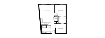 A black and white image of a floor plan for a small apartment.
