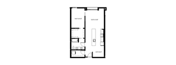 A floor plan of a small apartment with a kitchen, living room, and bathroom.