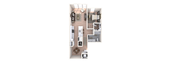 A top down view of a small apartment with a kitchen, living room, and bathroom.